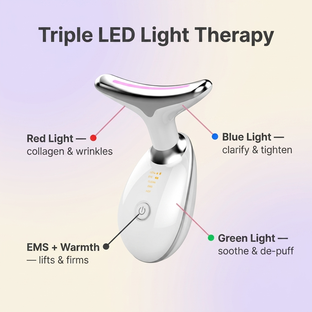 Triple LED light therapy red blue green modes