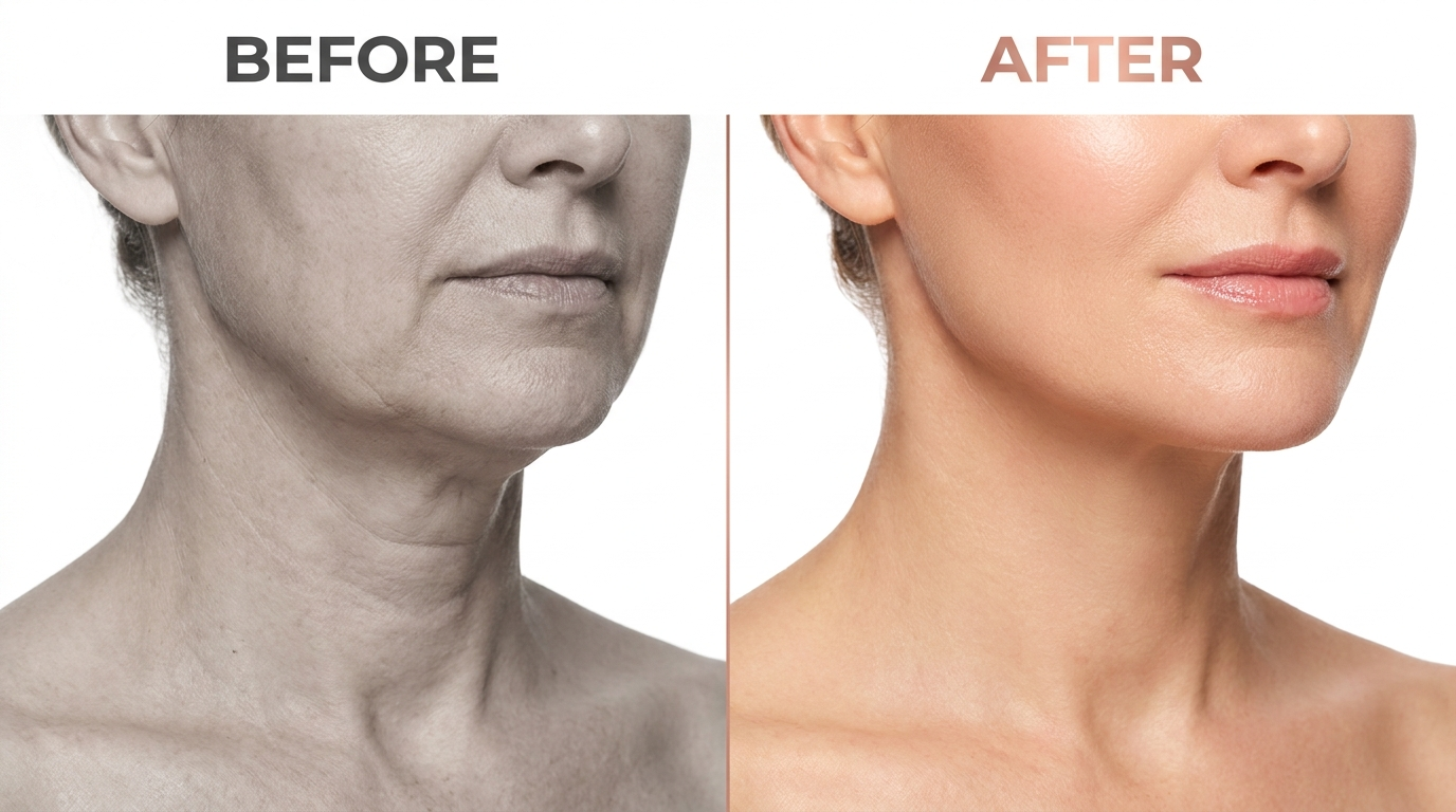Before and after results using SkinTask EMS Face and Neck Wand - lifted firmer skin